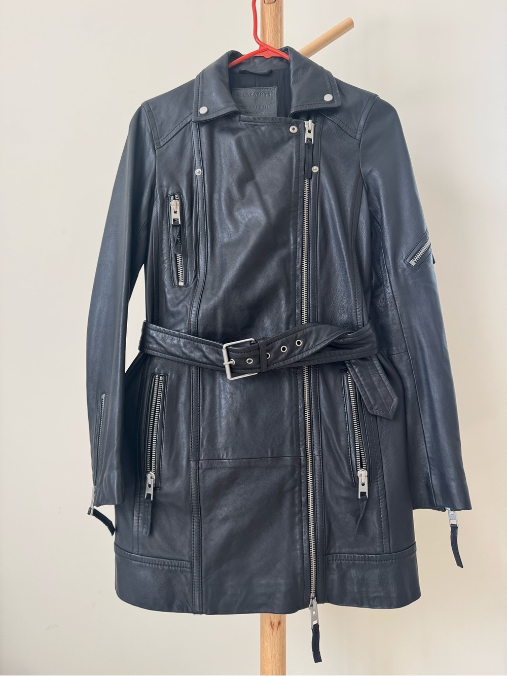 All Saints Black Leather Belted Moto Coat